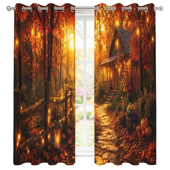 Autumn Log Cabin Sheer Curtains 39 Inch Long 2 Panels, Rustic Country Stone Path String Light Forest Light Filtering Semi Sheer Drapes Grommet Voile Window Curtain for Living Bedroom W27.9 x L39