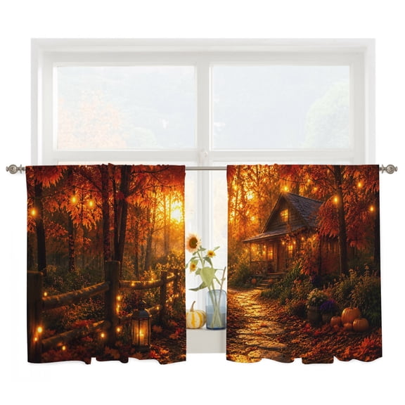 Autumn Log Cabin Sheer Curtains for Living Room Bedroom, Rustic Country Stone Path String Light Forest Light Filtering Sheer Curtain Rod Pocket Voile Window Treaments Drapes, 52 x 45 Inches