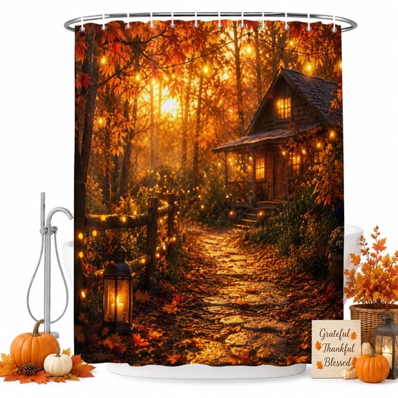 Autumn Log Cabin Shower Curtain Set with Hooks, Rustic Country Stone Path String Light Forest Sturdy Water Repellent Shower Curtains for Bathroom Bathtub, Machine Washable 36x72 Inch
