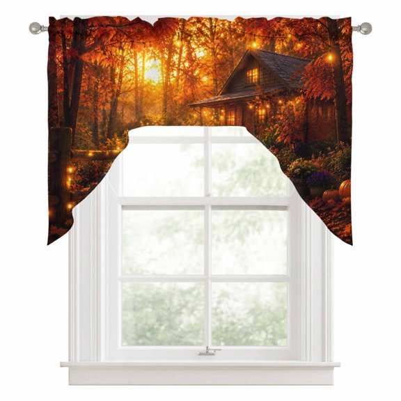 Autumn Log Cabin Swag Curtain Valance for Windows, Rustic Country Stone Path String Light Forest Swag Curtains Drapes Rod Pocket for Kitchen Bathroom Small Window, 1 Panel 56x36in