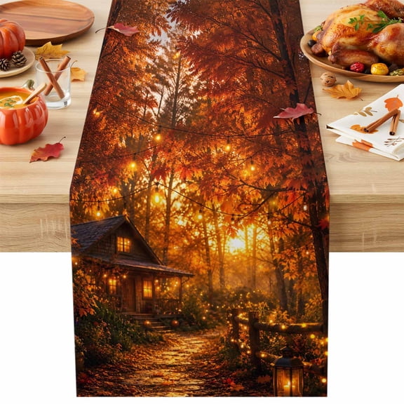 Autumn Log Cabin Table Runner 13x60 Inch Rustic Country Stone Path String Light Forest Table Runner Non-Slip Dresser Scarves for Holiday Decorations, Autumn Party, Dinner and Gatherings, 1 Pack