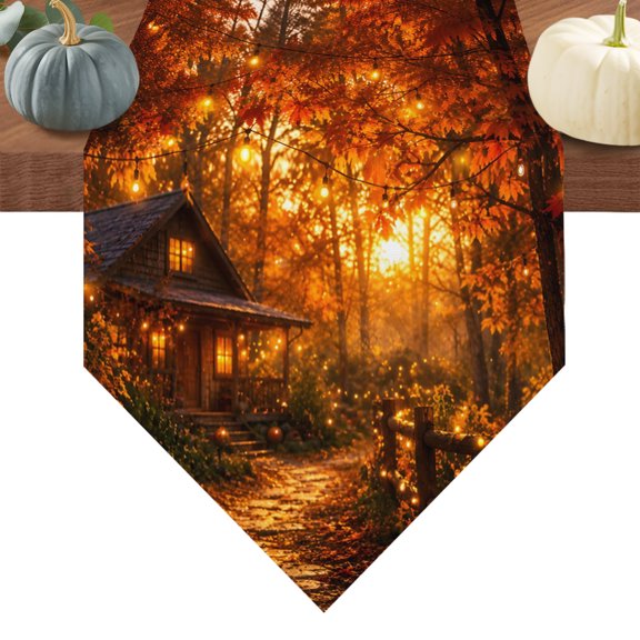 Autumn Log Cabin Table Runner 36 Inches Long Rustic Country Stone Path String Light Forest Table Runners for Dining Room Tabletop Dresser Scarf Home Party Banquet Wedding Holiday Decoration