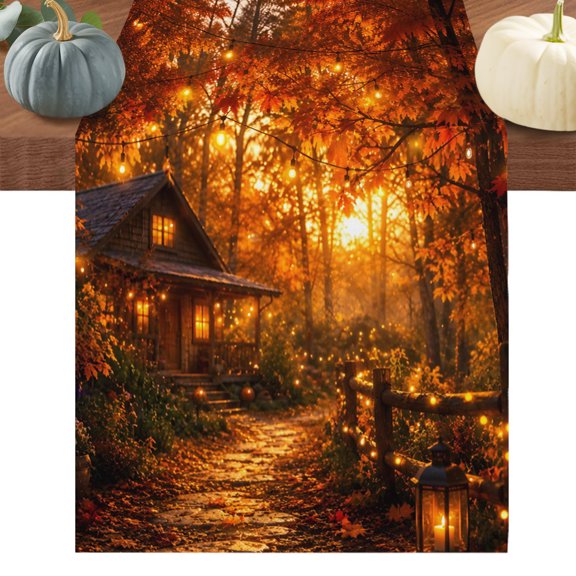 Autumn Log Cabin Table Runner, Rustic Country Stone Path String Light Forest Cotton Linen Table Cloth, Tablerunner for Kitchen Dining Party Wedding Home Decor 13x36 Inch
