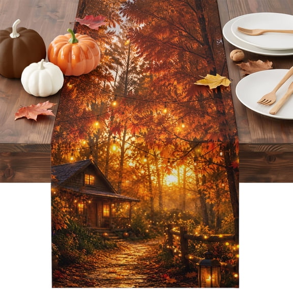 Autumn Log Cabin Table Runner, Rustic Country Stone Path String Light Forest Washable Cotton-linen Table Runners Dining Kitchen Decoration for Everyday Home Wedding Party Decor, 13 x 36 Inch
