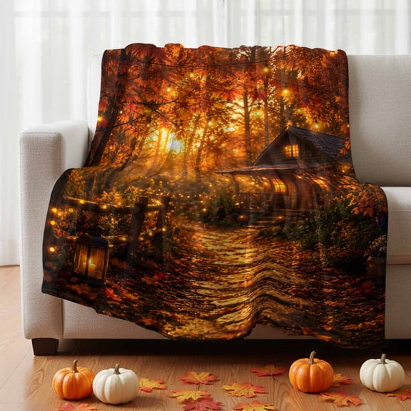Autumn Log Cabin Throw Flannel Blanket Rustic Country Stone Path String Light Forest Super Soft Cozy Bed Blanket, Lightweight Plush Fuzzy Bed Throw for Bedroom Sofa Couch Living Room 30x40in