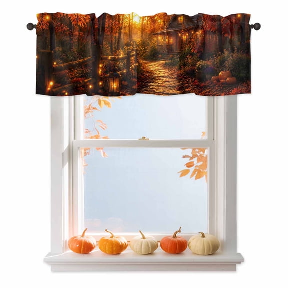 Autumn Log Cabin Valances for Windows 42 x 12in Rustic Country Stone Path String Light Forest Rod Pocket Kitchen Valance Curtain Light Filtering Window Treatments for Living Room Bedroom, 1 Panel