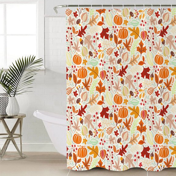 Autumn, Long Shower Curtain Set, Waterproof Shower Curtains for Bathroom, Fall Pumpkins Maple Leaves Cartoon Art Decor Washable Fabric Cloth Bath Curtain for Bathtub with Hooks 72x84 Inches