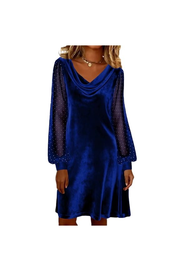 Autumn Long Sleeve Pleated Dress Women Elegant Temperament Party Dress Women Soft Velvet Dress Evening Dress Royal Blue XL