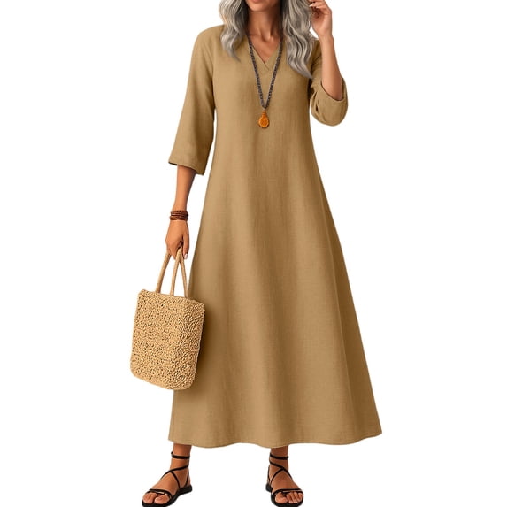Autumn Long Sleeveless V-Neck Elegant Dress Women's Fashion Zipper Back Elegant Maxi Dress Fashion Ankle-length Loose Straight Dress Light Brown 2XL