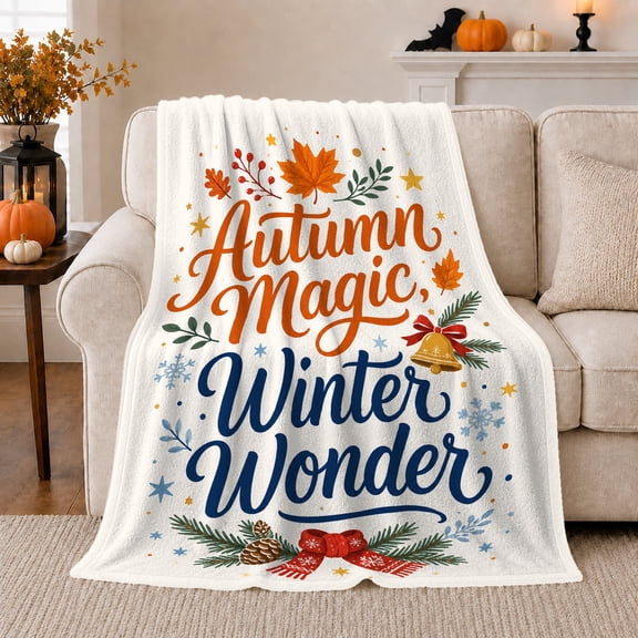 Autumn Magic Winter Wonder Flannel Blanket, White Orange Blue Leaf Snowflake Pine Cone Bell Pattern for Sofa Couch Bed Living Room Bedroom Home Decor Holiday Gift