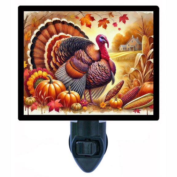 Autumn Majesty Night Light  Thanksgiving Turkey Harvest Farm Scene Fall Dcor with Free Switchable Insert