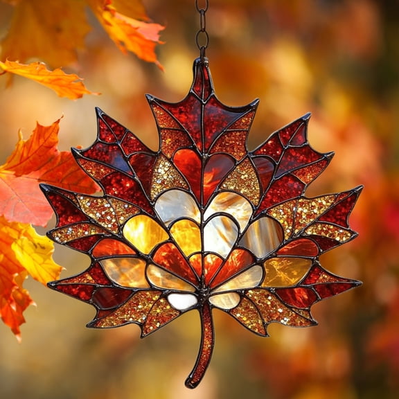 Autumn Maple Acrylic Ornament,Stained Glass Window Hanging with Fall Leaf Design,For Thanksgiving Fall Home Decor,1PC,Pink