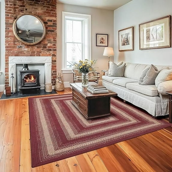 Autumn Maple Burgundy and Tan Braided Area Rug, Jute, 6x9' Rectangle - Rustic Primitive Decor for Dining Room, Living Room, Everywhere