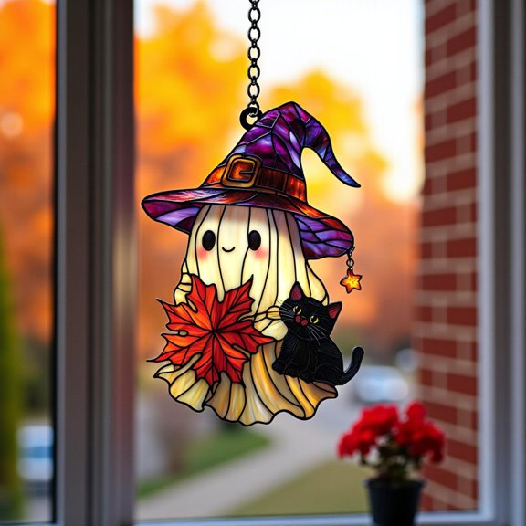 Autumn Maple Ghost ACRYLIC Window Charm Smiling Witch Hat Spirit with Black Cat & Fall Leaves, Cute Halloween Suncatcher Home Gift