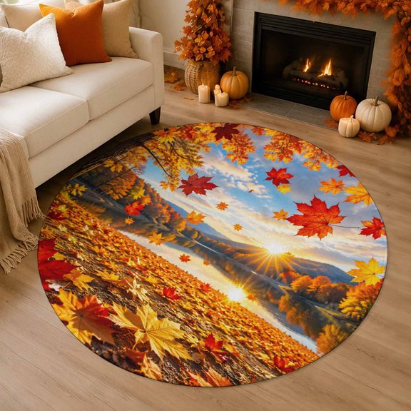 Autumn Maple Leaf 3' Round Rug for Bathroom Accent Bedside Corner, Rustic Orange Forest Lake Sunburst Sunset Washable Non Slip Soft Circle Area Rug for Small Spaces Entryway