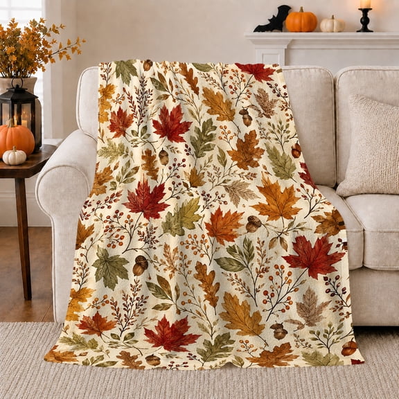 Autumn Maple Leaf Acorn Botanical Pattern, Cozy Friendship Quote Scene, Warm Flannel Blanket for Living Room and Reading Nook, Art Lovers Thanksgiving Gift, Artistic Home Decor