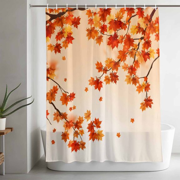 Autumn Maple Leaf Bathroom Shower Curtain, Thanksgiving Fall Leaves Orange Gradient Waterproof Washable Soft Bath Curtain for Bathtub Decor with 12 Hooks&Grommet, 72x96in