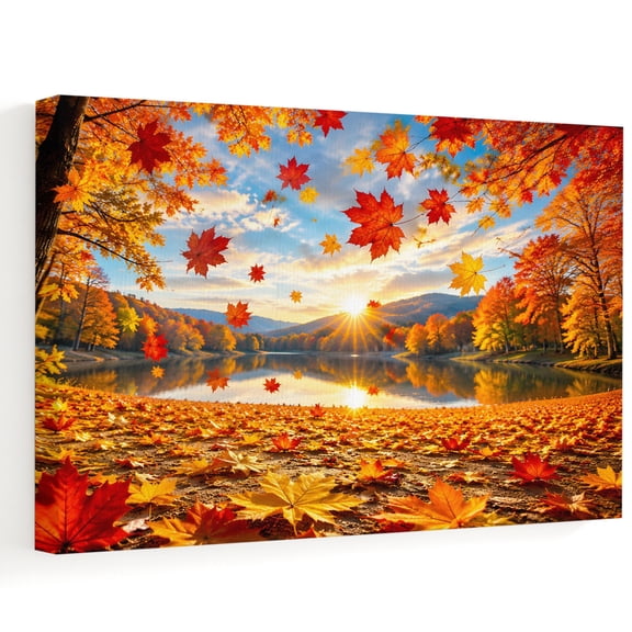 Autumn Maple Leaf Canvas Wall Art, Rustic Orange Forest Lake Sunburst Sunset Wall Art Prints Artwork Framed Canvas Ready to Hang Art Pictures for Bathroom, Dressing Table, Entryway 12" x 8"