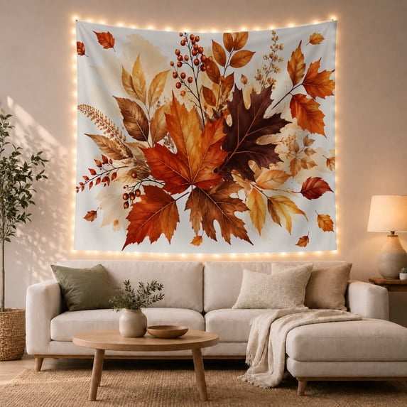 Autumn Maple Leaf in a Dense Botanical Cluster, Warm Watercolor-Inspired for Boho Decor Lovers, Autumnal Wall Art, Housewarming Gift Tapestry Wall Hanging for Living Room, Bedroom and Dorm