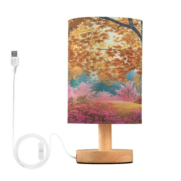 Autumn Maple Leaf Forest Bedside Table Lamp Desk Warm Lights with USB Charging Port Cylinder LED Lamps for Bedroom Living Room Office