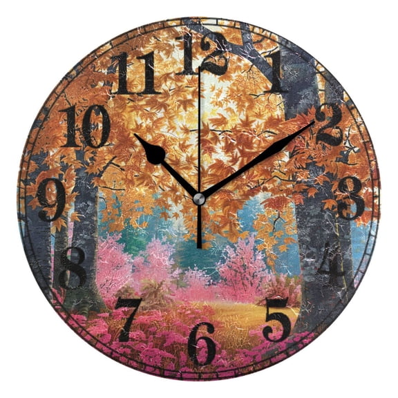 Autumn Maple Leaf Forest Silent Wall Clock 10" Non-Ticking Battery Clock