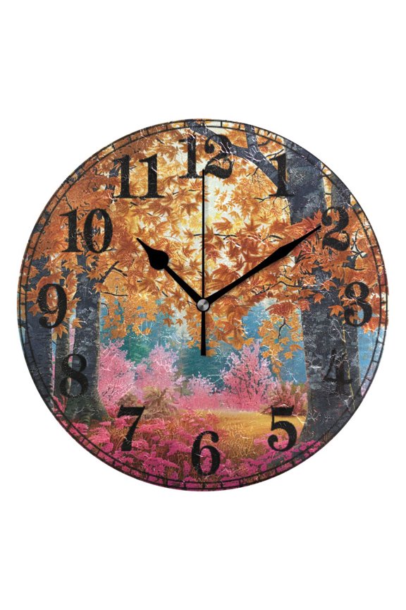 Autumn Maple Leaf Forest Silent Wall Clock 10" Non-Ticking Battery Clock
