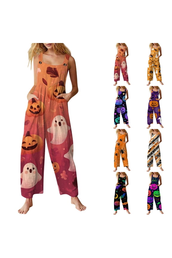 Autumn Maple Leaf Ghost Pumpkin Halloween Women Overalls, Sleeveless Square Neck Wide Leg Jumpsuit with Pockets, Breathable Rayon Linen Yellow XL