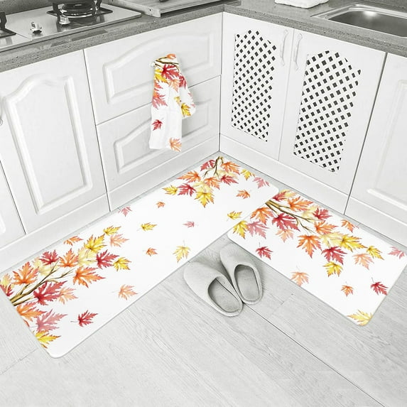 Autumn Maple Leaf Kitchen Floor Mats, Retro Watercolor Leaves Plant 2 PCS Anti Fatigue Area Runner Rugs Set Orange Foliage Non-Slip Bathroom Comfort Standing Mat Home Decor