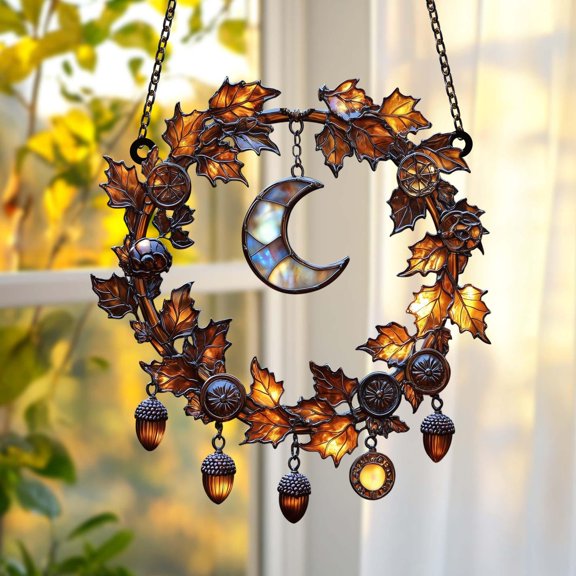 Autumn Maple Leaf Moon Acrylic Suncatcher, Fall Leaf Wreath Faux Stained Glass Window Hanging, Cozy Fall Decoration & Gift