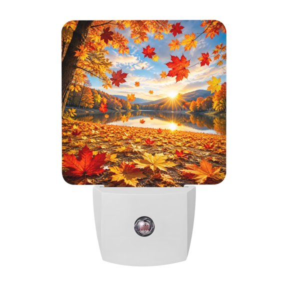 Autumn Maple Leaf Night Lights, Rustic Orange Forest Lake Sunburst Sunset Smart Auto Dusk to Dawn Sensor Nightlights Plug-in Nightlight for Bedroom Bathroom Living Room Kitchen Hallway
