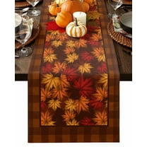 Autumn Maple Leaf on Orange Buffalo Plaid Table Runner-36 Inch Long Fall Harvest Table Runners Linen Burlap Tablerunner for Kitchen Dining Room Holiday Party