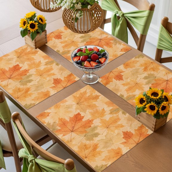 Autumn Maple Leaf Orange Gradient Placemats Set of 4,Wipeable Washable Table Mats for Dining Tables, Falling Leaves Seamless Place Mats for Kitchen Event Party Tabletop Decor