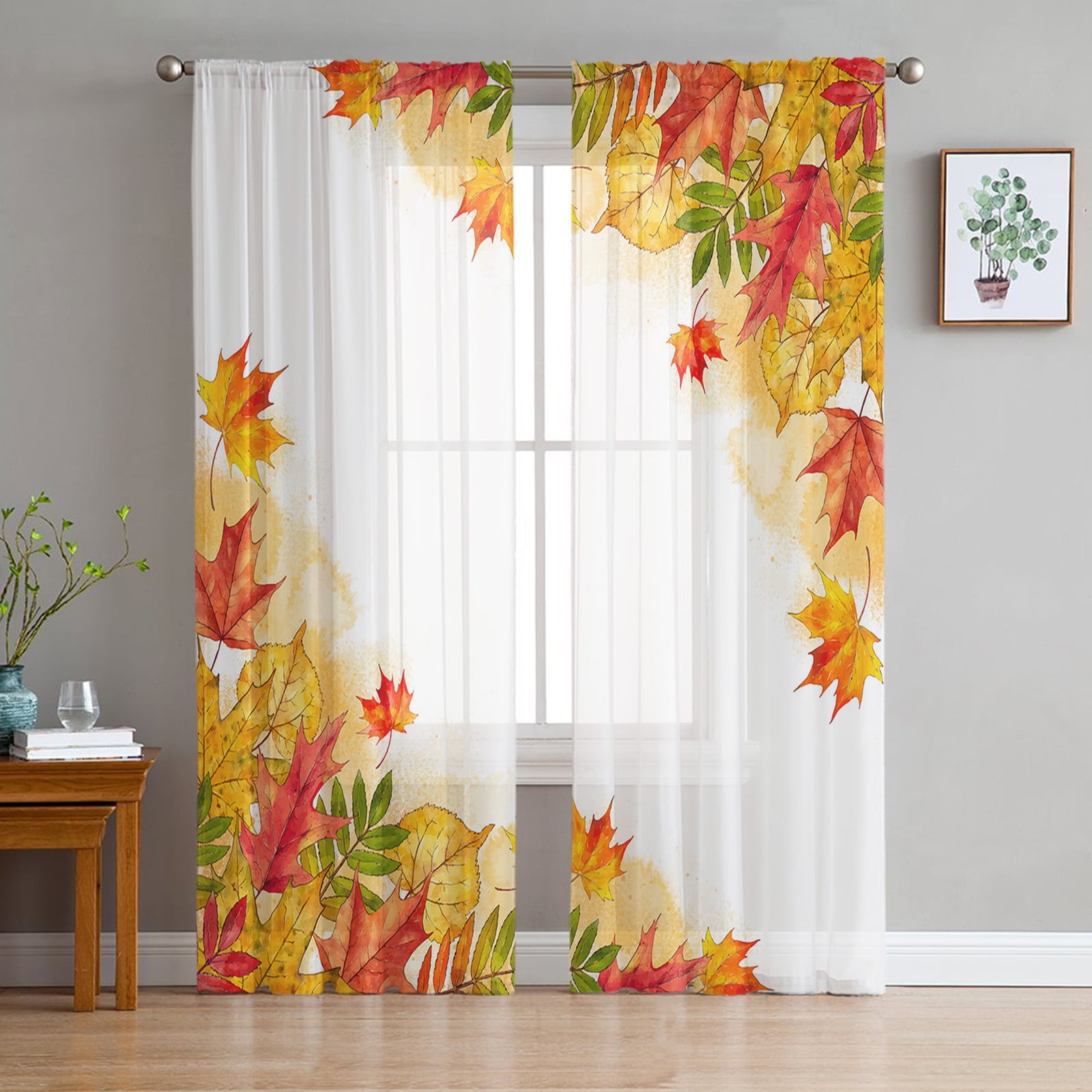 Autumn Maple Leaf Orange Lattice Tulle Curtains for Living Room Sheer