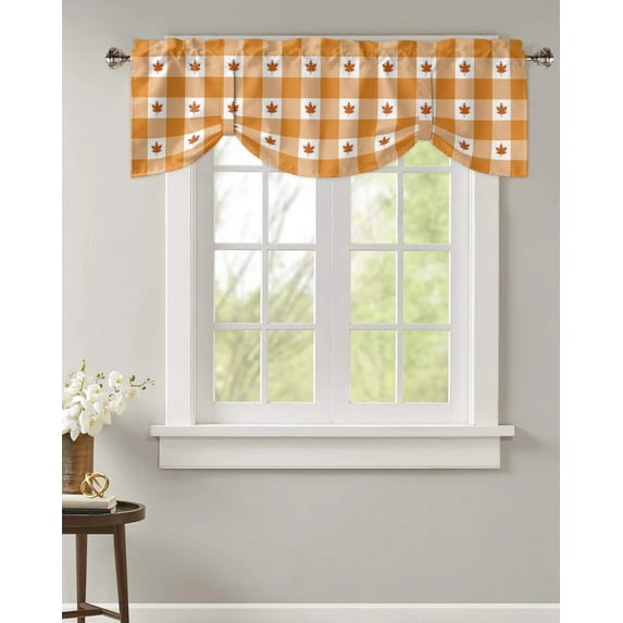 Autumn Maple Leaf Orange Lattice Window Curtain Kitchen Cabinet Coffee Tie-Up Valance Curtain Rod Po