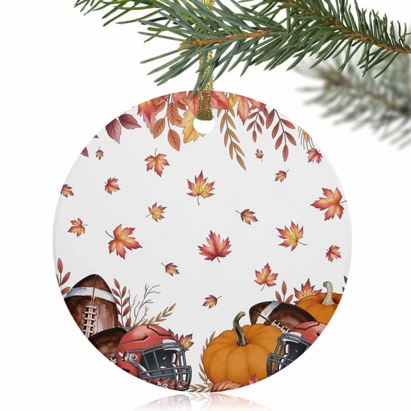 Autumn Maple Leaf Orange Watercolor Christmas Ceramic Ornament 2025,3" Round Xmas Tree Hanging Accessories with Gold Ribbon
