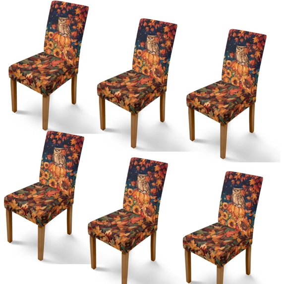 Autumn Maple Leaf Owl Thanksgiving Chair Covers Set of 6 Spandex Stretch Parsons Chair Slipcovers for Dining Room Universal Removable Washable Chairs Seat Covers Protector for Fall Decor