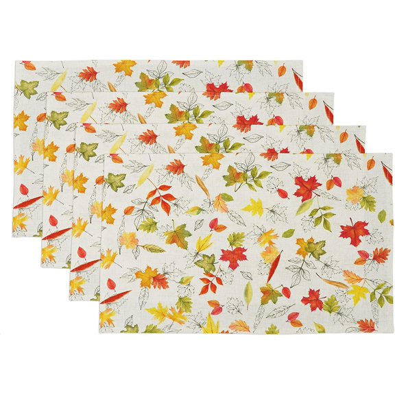 Autumn Maple Leaf Placemats Set of 4, Fall Harvest Linen Place Mats Give Thanks Table Mats for Thanksgiving Day Kitchen Dining Holiday Tabletop Decor 8" X 11"
