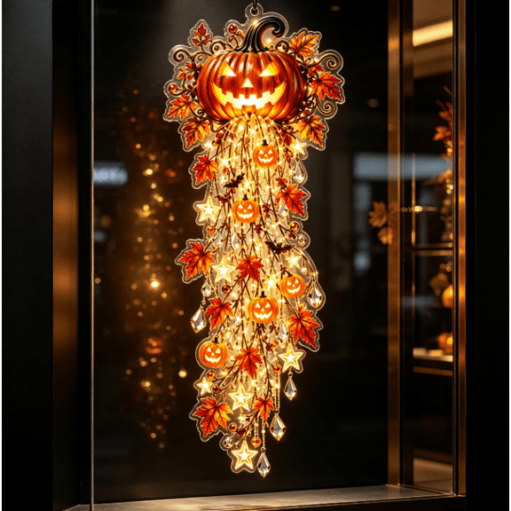 Autumn Maple Leaf Pumpkin Suncatcher Hanging Wall Decor Jack O Lantern with Long Cascading Crystal Tassels Halloween Ornament for Window and Wall Display (Jack O Lantern)