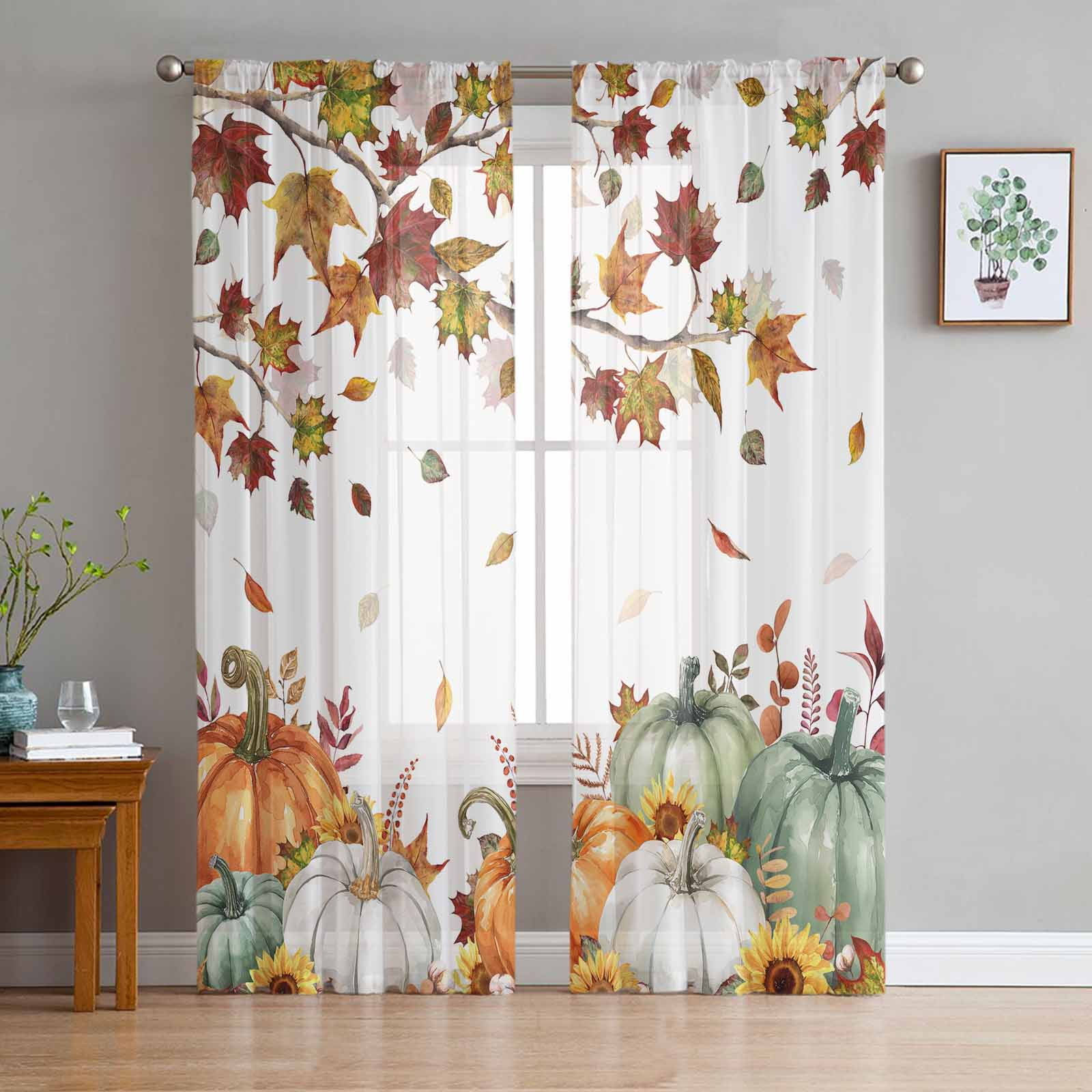 Autumn Maple Leaf Pumpkin Tulle Curtains for Living Room Bedroom Sheer