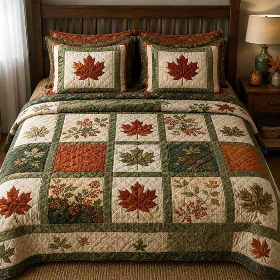 Autumn Maple Leaf Quilt, Quilted Bedding Set, Fall Botanical Bedspread, Rustic Farmhouse Bedroom Decor, Cozy Harvest Bedding