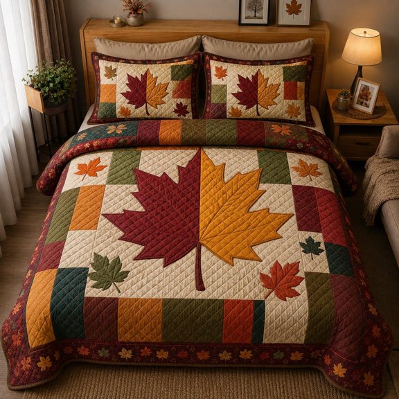 Autumn Maple Leaf Quilt, Quilted Bedding Set, Fall Patchwork Bedspread, Rustic Farmhouse Bedroom Decor, Thanksgiving Bedding