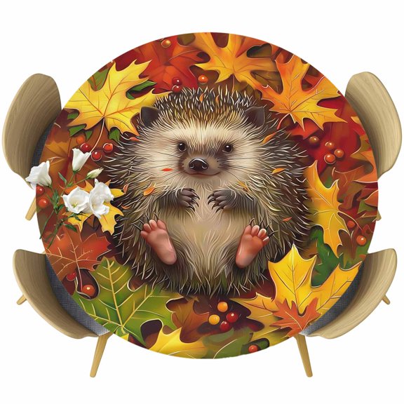 Autumn Maple Leaf Round Tablecloth 36-44 Inch Round Fitted Table Cloth with Elastic Edge, Orange Red Yellow Leaves Berry Animal Waterproof Table Cover Protector for Outdoor Picnic Party Dining