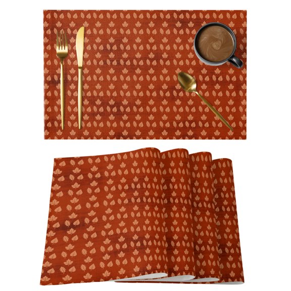 Autumn Maple Leaf Seamless Placemats Set of 6,Wipeable Washable Table Mats for Dining Tables, Fall Leaves Orange Red Back Place Mats for Kitchen Event Party Tabletop Decor