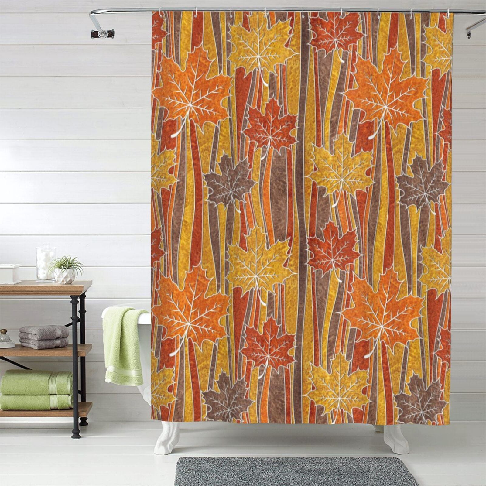 Autumn Maple Leaf Stripes Shower Curtain, 60x72 Inch Fabric Shower