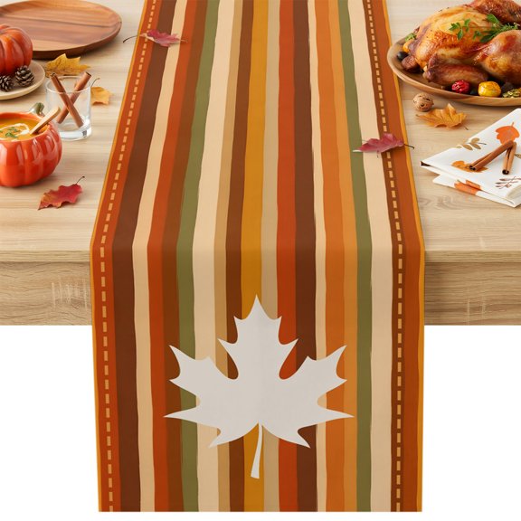 Autumn Maple Leaf Table Runner, Rustic Minimalist Orange Green Parallel Bands Cotton Linen Kitchen Table Decoration Washable Dining Tabletop Runners for Home Party Decor 13x36 Inches