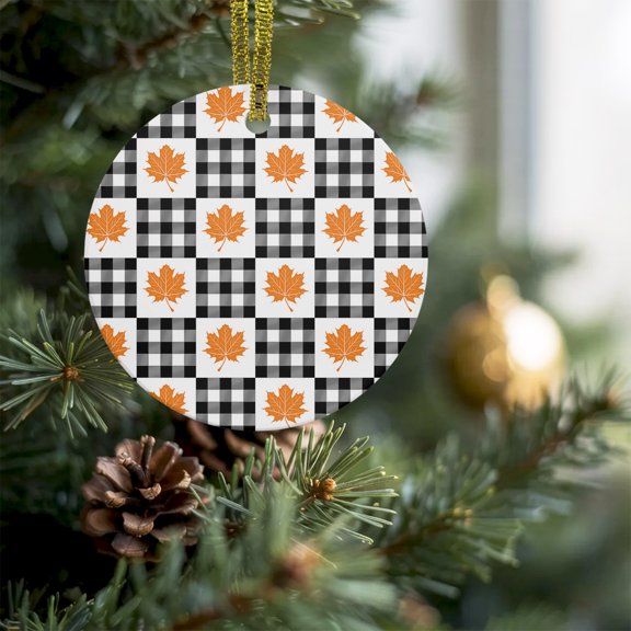 Autumn Maple Leaf Thanksgiving Christmas Ceramic Ornament 2026,3" Round Xmas Tree Hanging Accessories with Gold Ribbon,Retro White Black Plaid Pendant Ornaments for Holiday Gift Home Party Decor