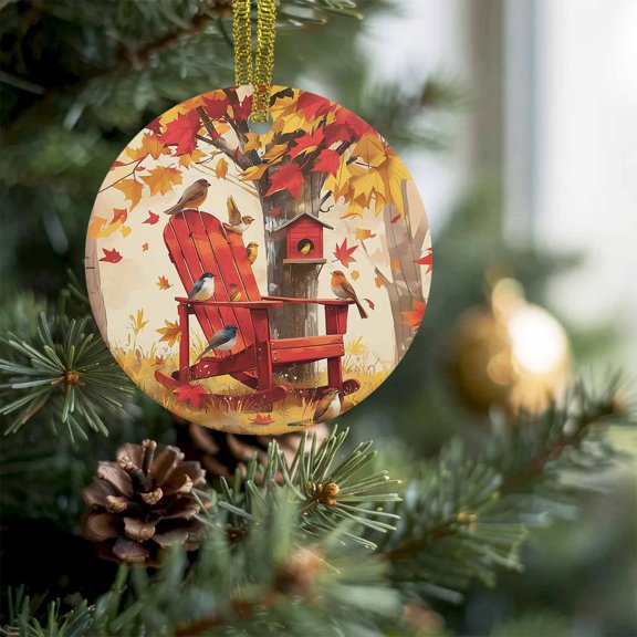 Autumn Maple Leaf Tree Christmas Ceramic Ornament 2026,3" Round Xmas Tree Hanging Accessories with Gold Ribbon,Fall Red Chair Bird Nest Pendant Ornaments for Holiday Gift Home Party Decor