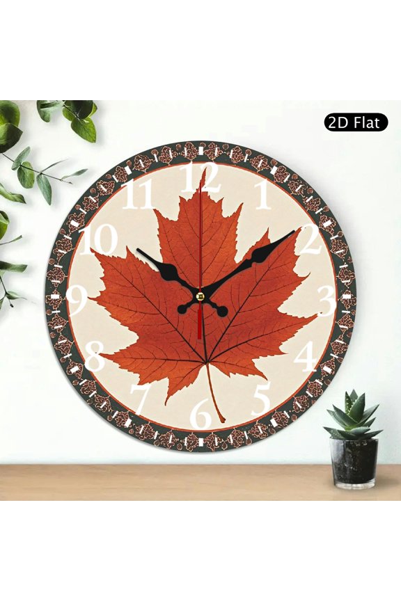 Autumn Maple Leaf Wall Clock Round Decorative Digital Timepiece Fall Theme Home Decor 10x10 Inch 1pc Battery Not Included