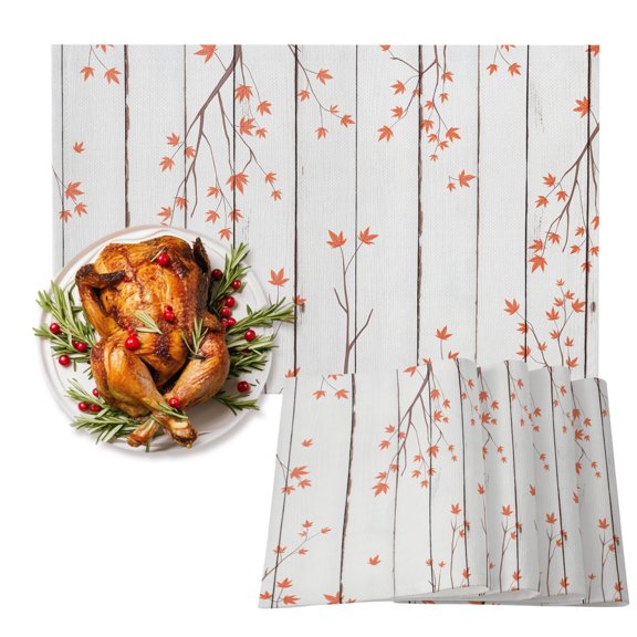 Autumn Maple Leaf on Wood Board Placemats Set of 6,Wipeable Washable Table Mats for Dining Tables, Fall Leaves Place Mats for Kitchen Event Party Tabletop Decor