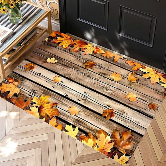 Autumn Maple Leaf Wood Grain Floor Mat, Entryway Porch Thanksgiving Christmas Seasonal Entry Area Rug, Thanksgiving Christmas Gift